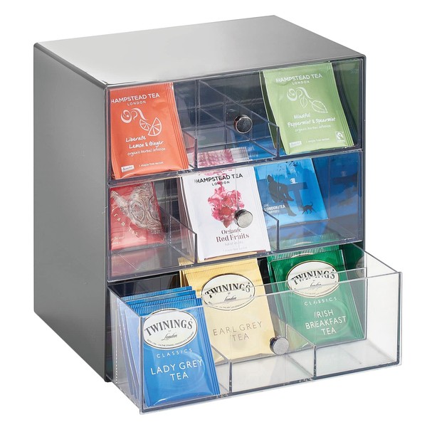 mDesign Plastic Tea Bag Caddy Box Storage Container Organizer Holder with 3 Drawers - for Kitchen Pantry, Cabinet, Countertop - Holds Coffee, Sugar Packets - Lumiere Collection - Charcoal Gray/Clear