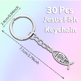 Adodotoe 30 Pcs Jesus Fish Keychains Baptism Favors Christian Keychain Religious Keychain Bible Verse Keychain Jesus Gifts for Men (Sliver)