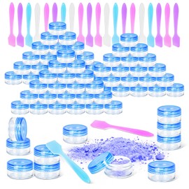 MotBach 70 Pcs 3g Empty Plastic Containers with Blue Lids,Mini Makeup Sample Containers, Small Sample Pot Jars Round Cosmetic Jars with 20Pcs Mini Spatulas for Liquid Sample Powder Creams Lotions