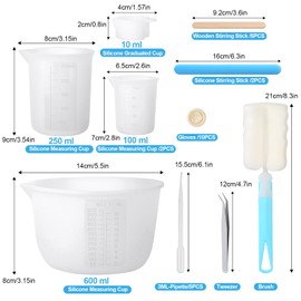 Amentalove Silikon Messbecher Epoxidharz, 600ml/250ml/100ml Silikonbecher, Epoxidharz Mischbecher mit Rührstäbchen,Bürsten,Pinzette,Pipetten,Handschuhe, Silikon Messbecher für DIY Basteln Labor Krüge