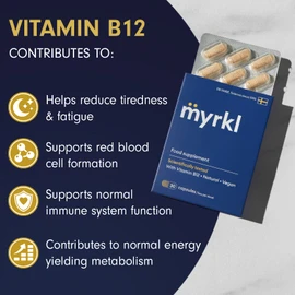 Myrkl | Vitamin B12 which Helps Reduce Tiredness and Fatigue | Probiotics & L Cysteine| Food Supplement | Scientifically Tested| Natural | Vegan | 4 doses | 8 Tablets Total
