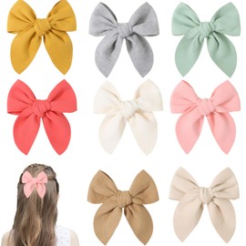 Pack of 8 Bow Hair Bows Clip, Hair Clips with Large Bow, Fabric Hair Bows Clip, Girls Bow Hair Clips, Long Silky Satin, Hair Bow Band Hair Clips (8 Colours)