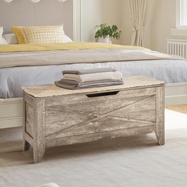 VECELO Storage Chest, 43.3in Wooden Bench for Storage with Safety Metal Hinges and Wicker Mat,Entryway Shoe Trunk Industrial Style for Bedroom Living Room,Burly Wood