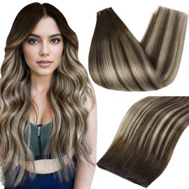 Full Shine Genius Weft Hair Extensions Human Hair Hand Tied Extensions Color Dark Brown To Platinum Blonde Mix Blonde Bundles Hair For Women 24 Inch 80G