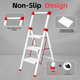 3 Step Ladder, DIAMONDFORGE Folding Step Stool with Wide Anti-Slip Pedal, Anti-Slip Feet and Handgrip, Sturdiest Steel Construction, Steel Ladder for Home, White Red