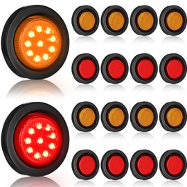 Treela 16 Pcs 2 Inch LED Marker Lights 10 LEDs Round Trailer Light Waterproof Sealed with Rubber Flush Mount Grommet 2 Prong Wire Pigtails for RV Truck Semi Trailer Side Tail Lights(Red and Amber)