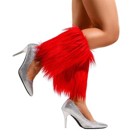 Hermoli Faux Fur Leg Warmers Fuzzy Leg Warmers Warm Furry Costume for Women (Red, 7.8IN)
