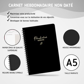 BIROYAL Undated Weekly Planner - A5 Size - Weekly Planner with To-Do List, Large Area for Notes - 52 Sheets in French - Hard Cover - Black