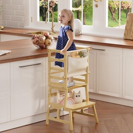 Amazer Bamboo Toddler Step Stool, Anti-Tip Toddler Kitchen Stool Helper with Push-Pull Safety Rail, Non-Slip Kids Step Stool with Safety Net, Kids Standing Tower for Bathroom Sink and Kitchen Counter