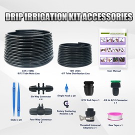 Sumloty Irrigation System for Garden 49FT Complete Drip Irrigation Kit with Rotating Emitters Fittings,with 4/7 and 8/12 Tube,Automatic Garden Plants Watering System for Greenhouse,Yard,Vegetable
