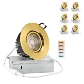POPANU Premium Shiny Gold 3-inch LED Recessed Lights - 5 CCT 3 Inch Eyeball Ceilling Gimbal Potlight, Dimmable Recessed Lights Fixture with Junction Box, 8W CCT Adjustable, Shiny Gold, 6P