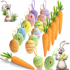 Easter Egg Ornaments and Carrot Hanging Ornaments 12 Pieces Colorful Foam Easter Hanging Egg Ornaments 6 Pieces Premium Foam Glitter Artificial Carrots Easter Tree Decorations Home Party DIY Crafts