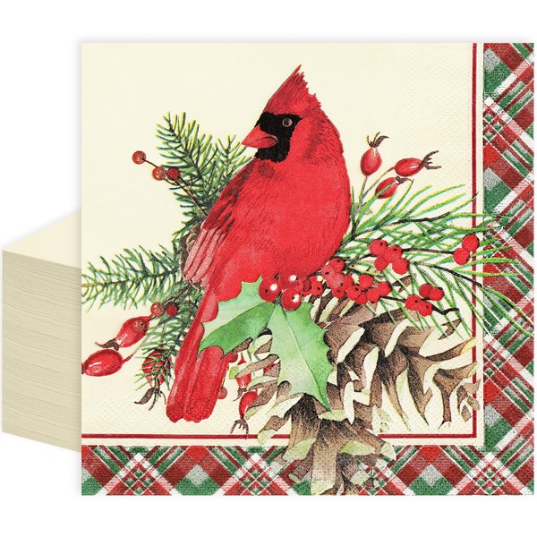 Whaline - 100 servilletas de papel de Navidad Cardenal Berry, servilletas desechables con cuadros rojos para almuerzo, cena, servilletas de acuarela de Navidad de 6.5 x 6.5 pulgadas, para fiestas de