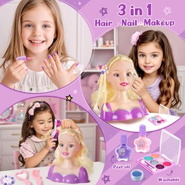 TUZT Hair Styling Doll Head Makeup Kit for Girls Toys, Hair Salon Toys & Real Makeup Nail Polish, Kid Beauty Hair Stylist with Hairdryer Curling Iron, Birthday Gift for Girl 3 4 5 6 7 8+ Year Old Toy