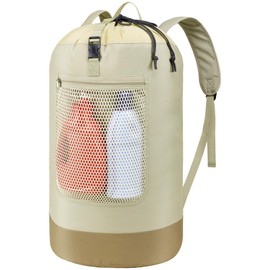 F-color Laundry Backpack 75L - Large Capacity Laundry Bag Backpack with Comfort Straps, Mesh and Zip Pocket, Sturdy Laundry Backpack for Dorm, Travel, Laundromat, Apartment, Khaki