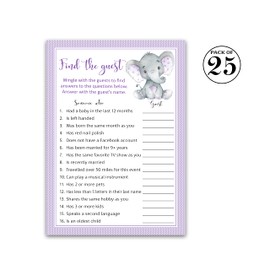 GENDER NEUTRAL Purple Elephant Baby Shower Game — FIND THE GUEST Baby Shower Game — Pack of 25 — Purple Polka Dot Baby Shower Games, Icebreaker Party Game, Guess Who Came to the party Game G503-FTG