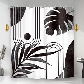 Glawry Boho Black White Shower Curtain Mid Century Abstract Tropical Palm Leaf Modern Minimalist Plant Botanical Bathroom Geometric 60Wx72L Inches Bath Accessories Art Home Decor Fabric 12 Pack Hooks