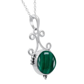 TISHAVI Natural Round Malachite Pendant Necklace for Women - May Birthstone Green Stone Vintage Style Sterling Silver Jewelry Necklace - Gifts for Her Mom Sister Wife