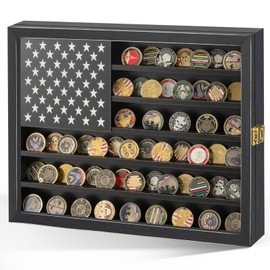 Challenge Coin Display Case Large, 14"x18" Military Medal Shadow Box HD Acrylic Glass 2 Groove Shelves, Retro Coin Holder with American Flag for Casino Poker Chips Exquisite Souvenirs