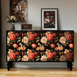 Cismmy Floral Peel and Stick Wallpaper,Removable Contact Paper for Walls, Black Background with Embossed Ink Chrysanthemums,European Retro Style,Beige Pink Red Flowers,DIY Decal 17.5x118 Inches