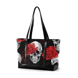 Skull And Red Roses Laptop Tote Bag,Fits 15.6 Inch Laptop,Womens Lightweight Canvas Leather Tote Bag Shoulder Bag