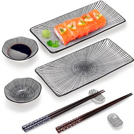 Pumtus 8 Pcs Sushi Plate Set, Ceramic Sushi Serving Set for 2, Japanese Sushi Dinnerware for Wedding Housewarming, Includes 2 Serving Dishes, 2 Sauce Bowls, 2 Pairs of Chopsticks, 2 Chopstick Holders