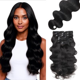 Loxxy Body Wave Clip ins Human Hair, 14 Inch Natural Black Body Wave Clip in Hair Extensions for Black Women Long Thick Ends120g 7pcs