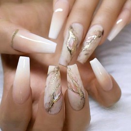 JUSTOTRY 24 Pcs Marble Fake Nails Long, Gold Swirl French Press on Nails Patterns, Pretty Medium Ballerina Stick on Nail for Women, Acrylic Coffin Crystal False Nail for Nail Art