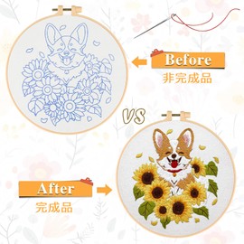Embroidery Kit, Dogs, Flowers, Cute, Embroidery Thread, Design, Embroidery Frame, Embroidery Cloth x 1, Embroidery Needles, For Advanced Beginners, Fun Set, DIY Crafts (Dog and Sunflower)