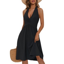ZABERRY Black Dress for Funeral Halter Neck Backless Elegant Homecoming Sexy Summer Dress with Pockets