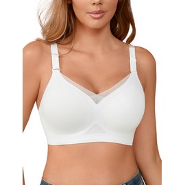 Cuteio Wireless Bras for Women No Underwire, Seamless V Neck Mesh Bralette with Support, Everyday Full Coverage Comfortable Bra White
