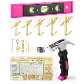 Stalishare Picture Hanging Kit, Magnetic Hammer and Nails and Level Set for Hanging Photo/ Arts, Women Pink Tool 218Pcs Assorted Wall Frame Hanging Kit with Hooks/ Wire/ D Ring/ Sawtooth Hanger 100lbs