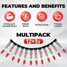 Super Glue Gel 3 Gram (Pack of 12), Clear Instant CA Glue Multipack for Plastic Ceramic Glass, Strong All Purpose Single Use Cyanoacrylate Adhesive for Metal Wood Shoe Aquarium Rubber Leather Craft