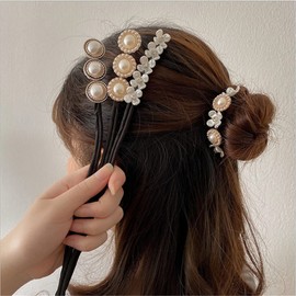 YOEMAYUNER Hair Bun Maker with Pearl Flower Decor, 4Pcs Lazy Hair Curler French Twist Hairstyle Bun Former Maker Vintage Hair Styling Accessories,Reusable Quick Bun Maker for Thin Hair