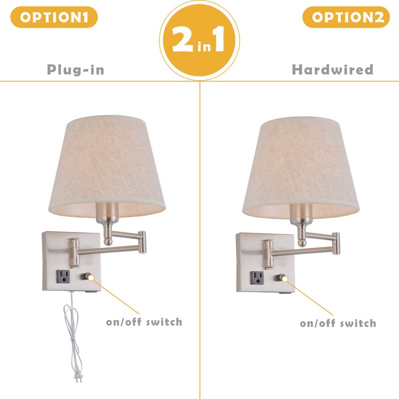 Bedside Wall Mount Light with Dimmable Switch and Outlet, Swing