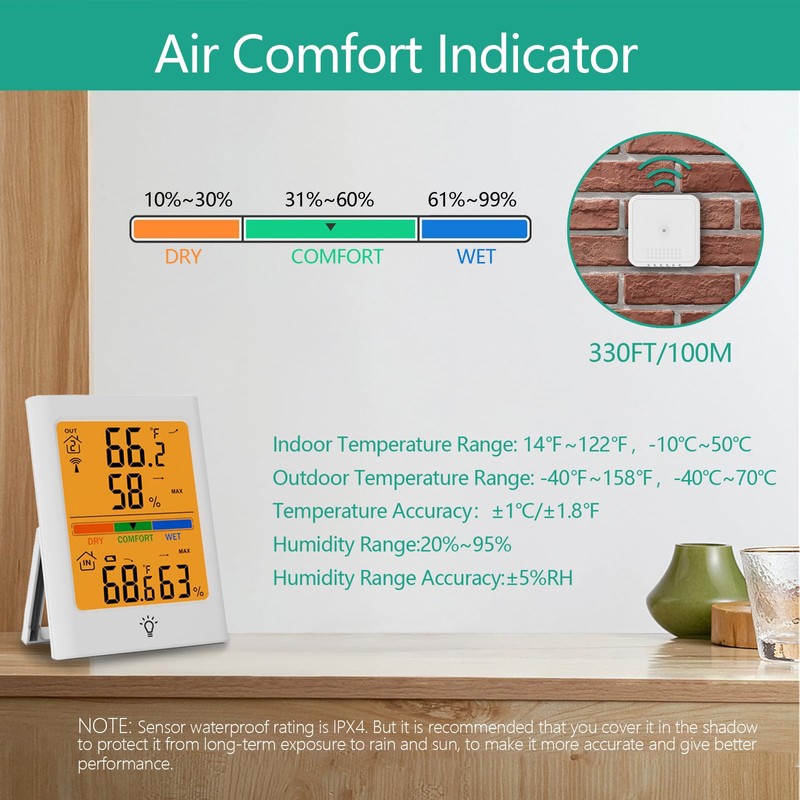 Indoor Outdoor Thermometer Wireless, Digital Temperature Humidity Monitor with 330FT