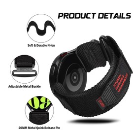 SumRioo 20 mm Nylon Strap Compatible with Galaxy Watch 7/6/5/4/FE 40 mm 44 mm, Velcro Sports Watch Strap for Galaxy Watch 6 Classic/Watch 5 Pro/Watch 4 Classic/Active 2/Watch 3, Black