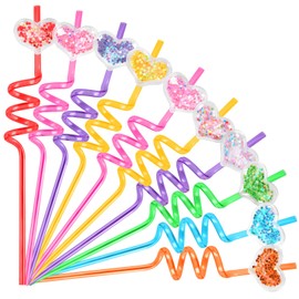 JANYUN Valentines Straws, 20 Pcs Reusable Heart Plastic Straws Valentines Party Favors Glitter Valentines Drinking Straws Valentines Day Gifts for Kids Classroom Exchange Prizes（10 Styles）