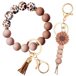 Qubusm 2PCS Bracelet Key Ring Set, Cute Car Key chain Wristlet, Silicone Beaded Bangle keyChains for Women Girls (Mocha)