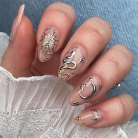 MERVF Almond Press on Nails Medium Fake Nails Nude Glue on Nails Star Sun Moon Snake Print Press ons Acrylic Stiletto False Nails Bohemian Design for Women Glossy 24pcs