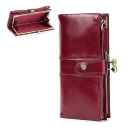 Contact's Kiss Lock Wallet for Women Leather, Kiss Clasp Wallet Coin Card Purse RFID Clutch Wallet Zipper Red Vintage Phone Holder