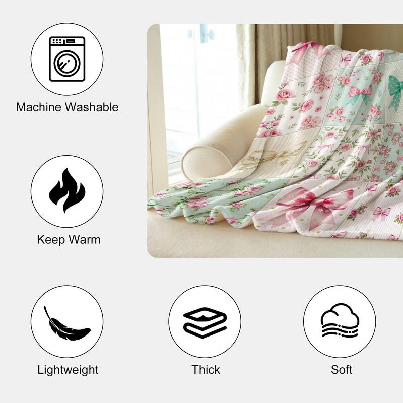 Newsely Boho Bow Floral Throw Blanket,51x59 Inch Reversible, Cute Retro