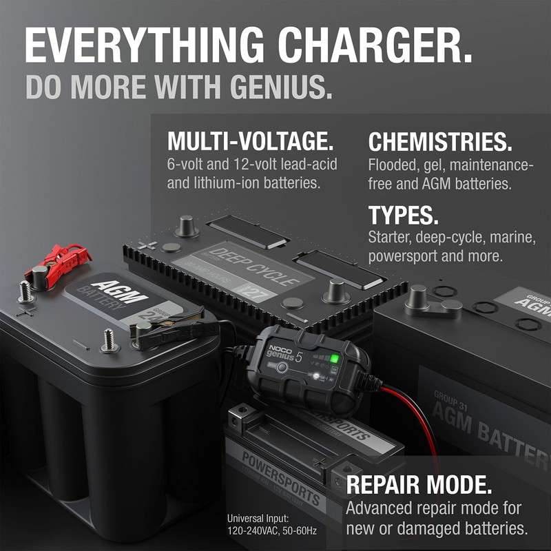 NOCO GENIUS5: 5A 6V/12V Smart Battery Charger – Automatic Maintainer,