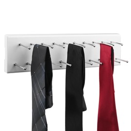 Vrietina Tie Rack Wall Mounted, Wood Belt Hanger for Closet with 21 Chrome Hooks, Belt Storage Holder Organizer for Men Belts, Ties, Scarves, White