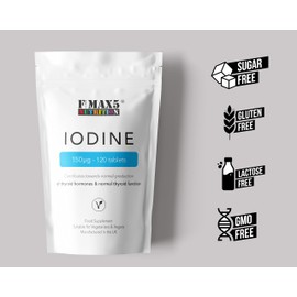 Iodine 150mcg 120 Tablets | High Strength Natural Source of Iodine from Potassium Iodide | Pregnancy Health & Thyroid Supplement | Vegan | UK Made | Fmax5 Supps