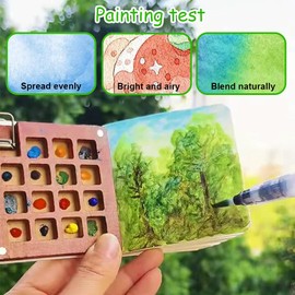 LOMUG Pocket Aquarell Travel Set, Mini Pocket-Aquarellset mit 15 Grids Tragbare Palette, Klein Zeichenbuch, Aquarellpinsel Stifte, 12 Aquarellfarben Reiseset für Anfänger und Profis