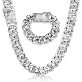EMESLY Solid Miami Cuban Link Chain Gold/Silver Necklace (16, 18, 20, 22, 24, 30 Inches Length); Hip Hop Bracelet (7.87" Length) for Men & Women; Perfect Iced Out Bling Jewelry Gift, Metal, not known