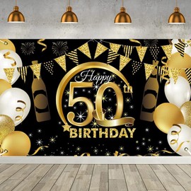 DOKLY 50th Birthday Decorations – 50th Birthday Backdrop Gold and Black Happy Birthday Party Decorations Banner for Women Men, Happy Birthday Banner for a Memorable Celebration(70” x 43”)