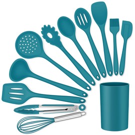 LIANYU 12-Piece Silicone Kitchen Cooking Utensils Set with Holder, Kitchen Tools Include Slotted Spatula Spoon Turner Ladle Tong Whisk, Dishwasher Safe, Dark Blue