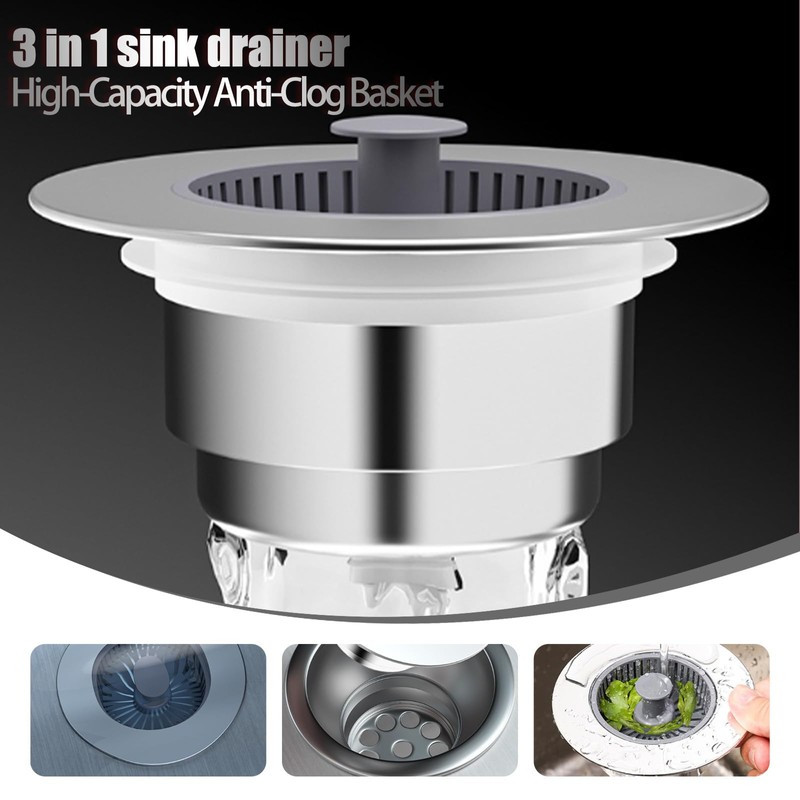 2Pcs 3 in 1 Sink Strainer Drainer, Stainless Sink Plug